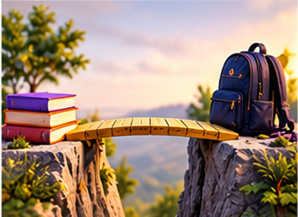 A bridge spanning a gap, with school books on one side and a backpack on the other
