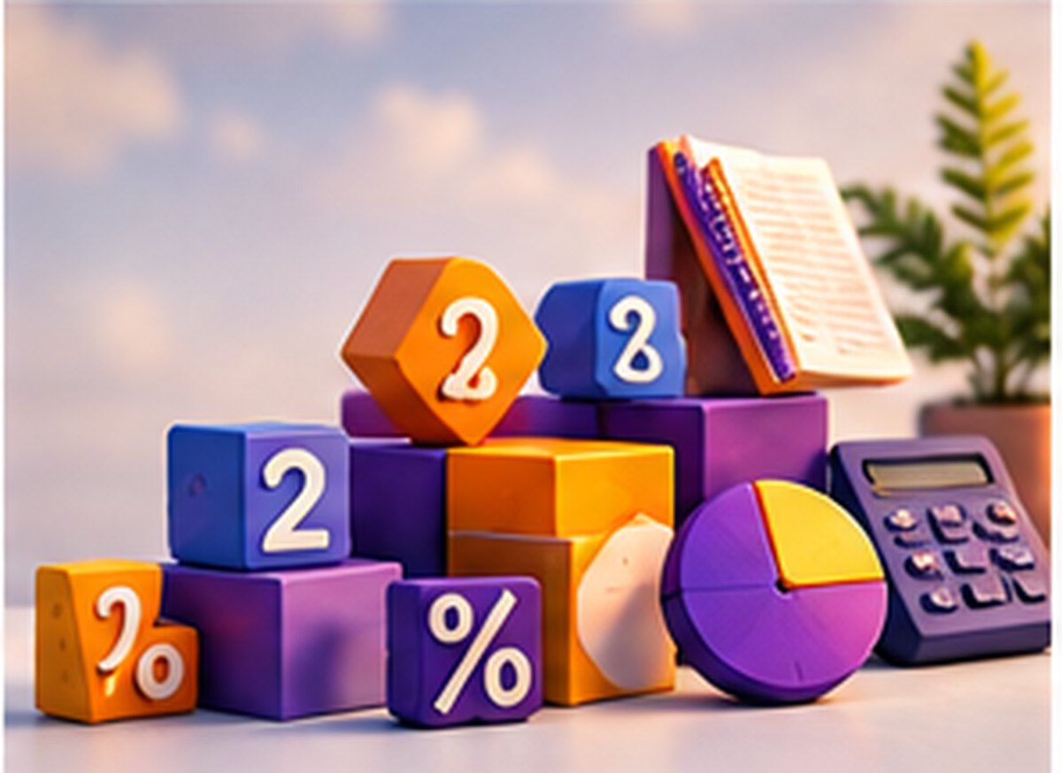 Numbered blocks, a percentage symbol, a pie chart and an open book