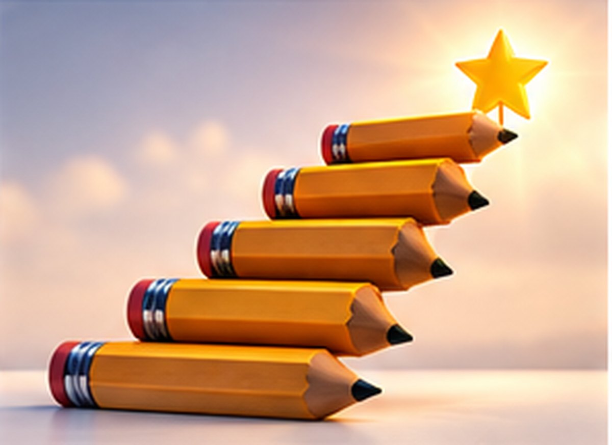 Pencils arranged as a rising staircase leading up to a gold star