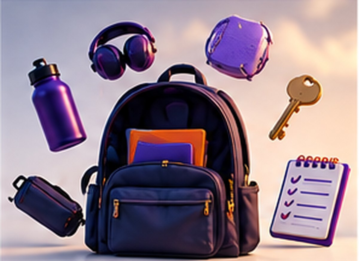 An open backpack with a water bottle, notebook, alarm clock, key and checklist