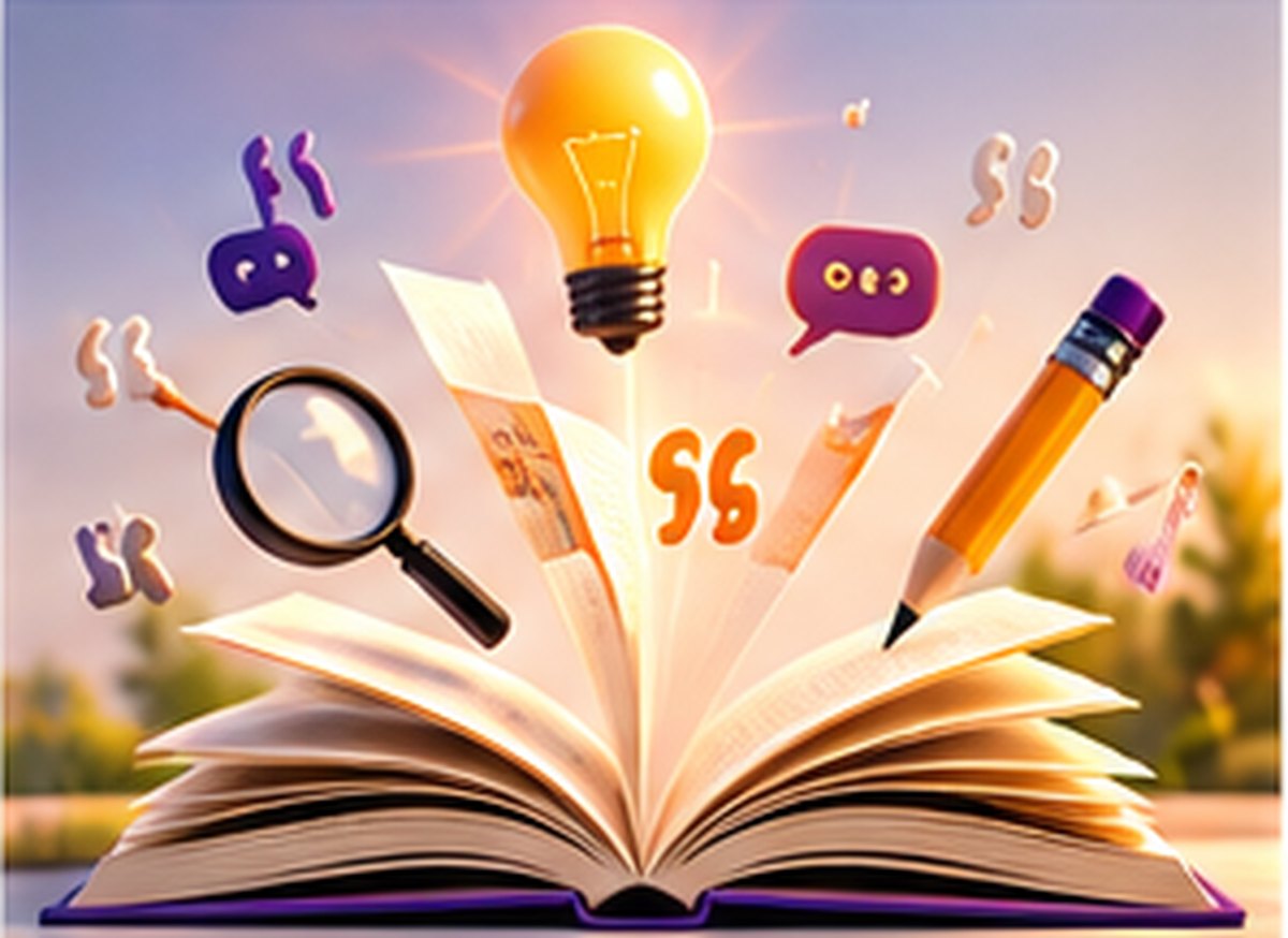 An open book with a lightbulb, magnifying glass, quotation marks and a pencil rising from it
