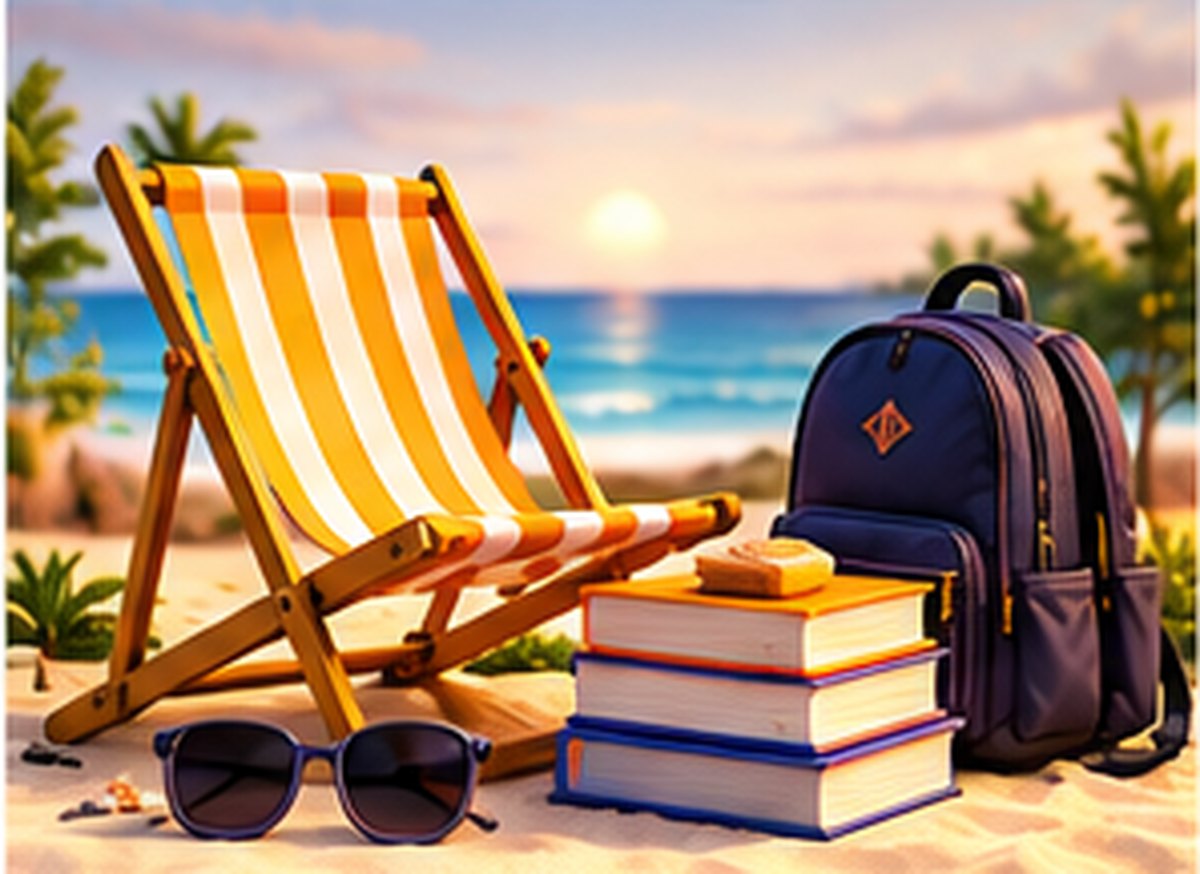 A deckchair on a beach beside a stack of books, sunglasses and a school backpack