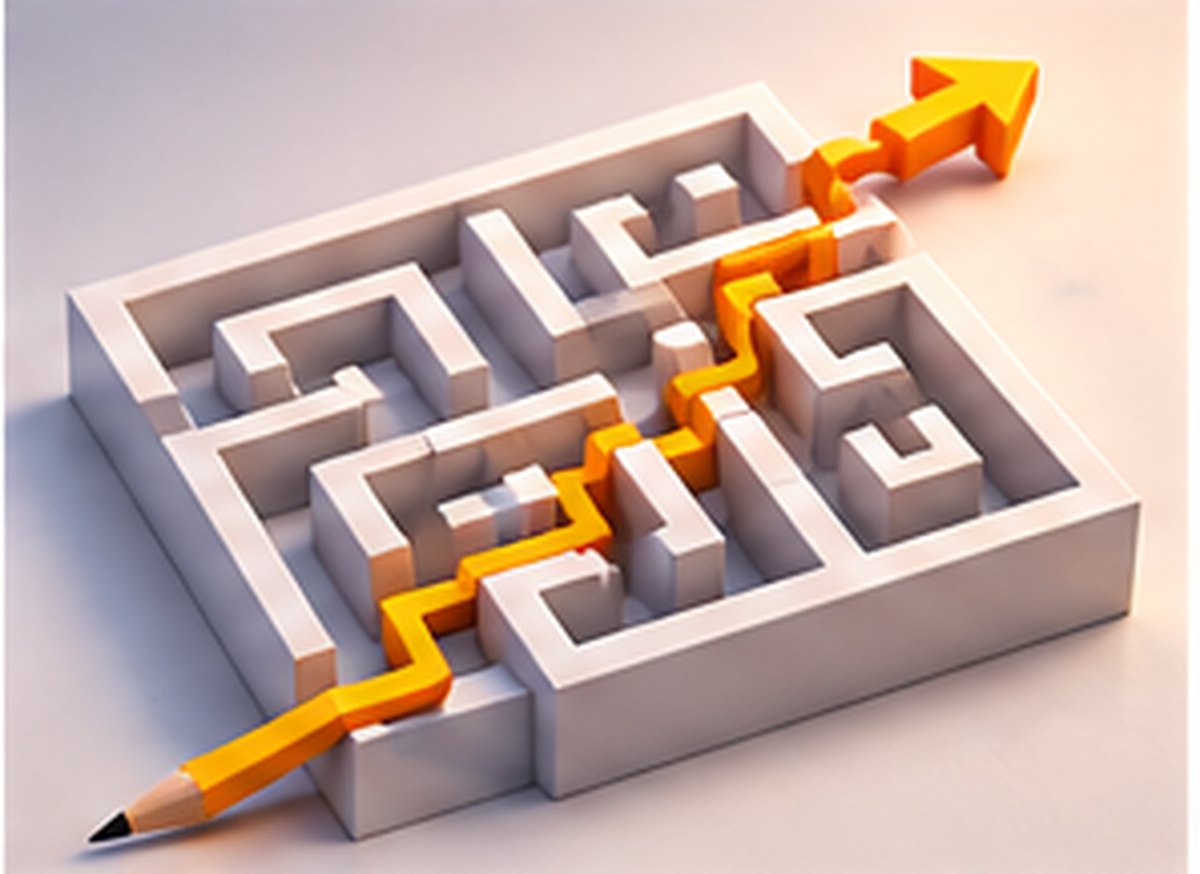 A maze with a bright path finding its way through to the exit
