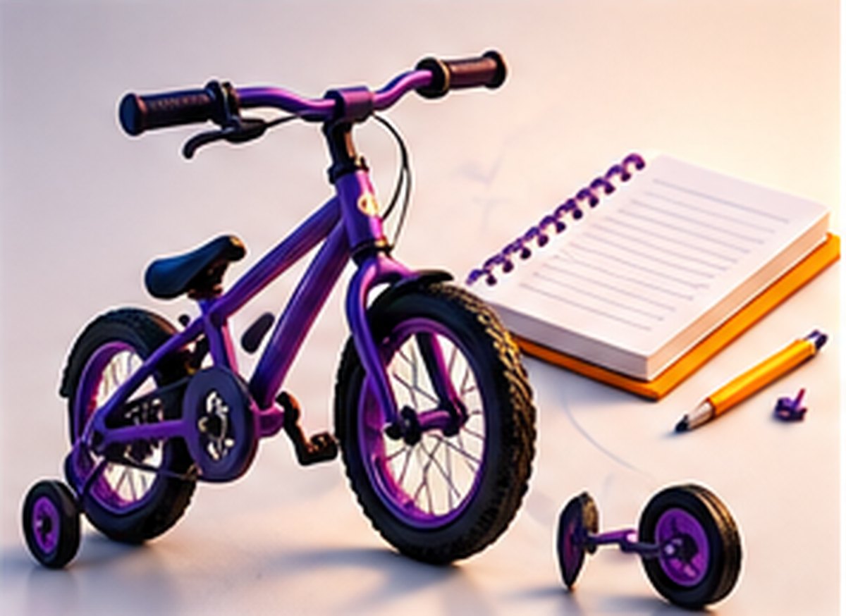 A child's bicycle with stabilisers, beside a notebook and pencils