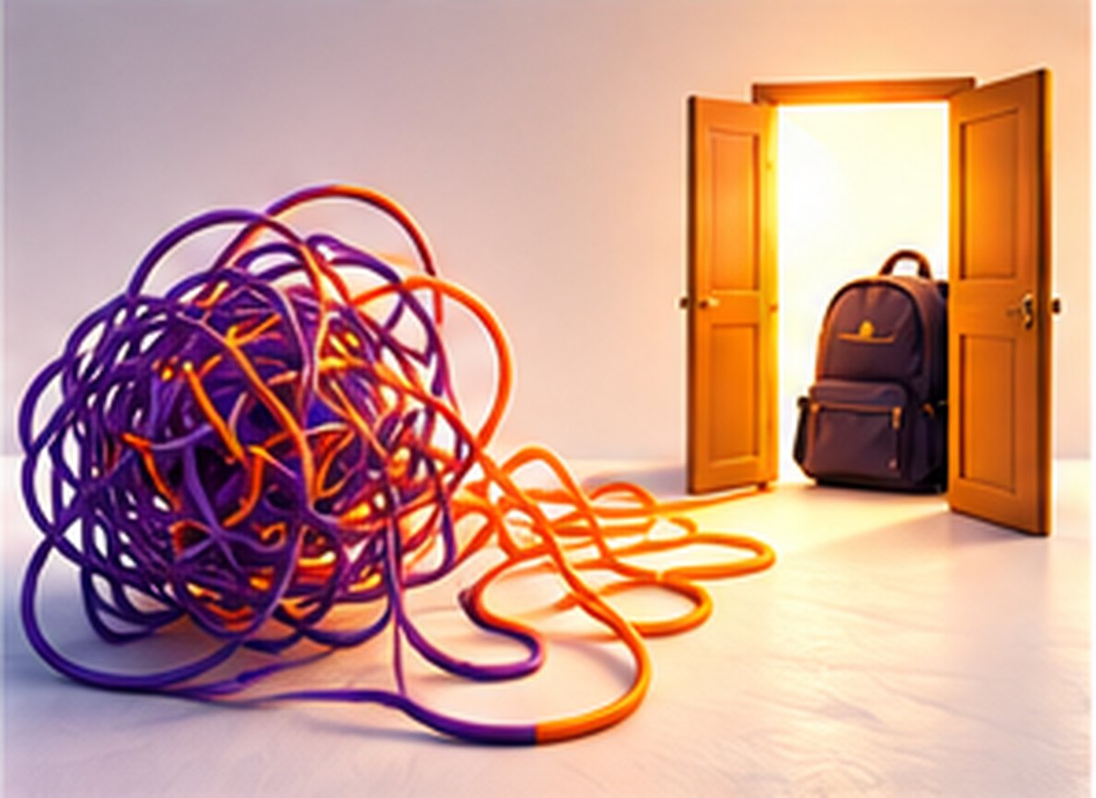 A tangle of cables unravelling into a straight line leading to an open door