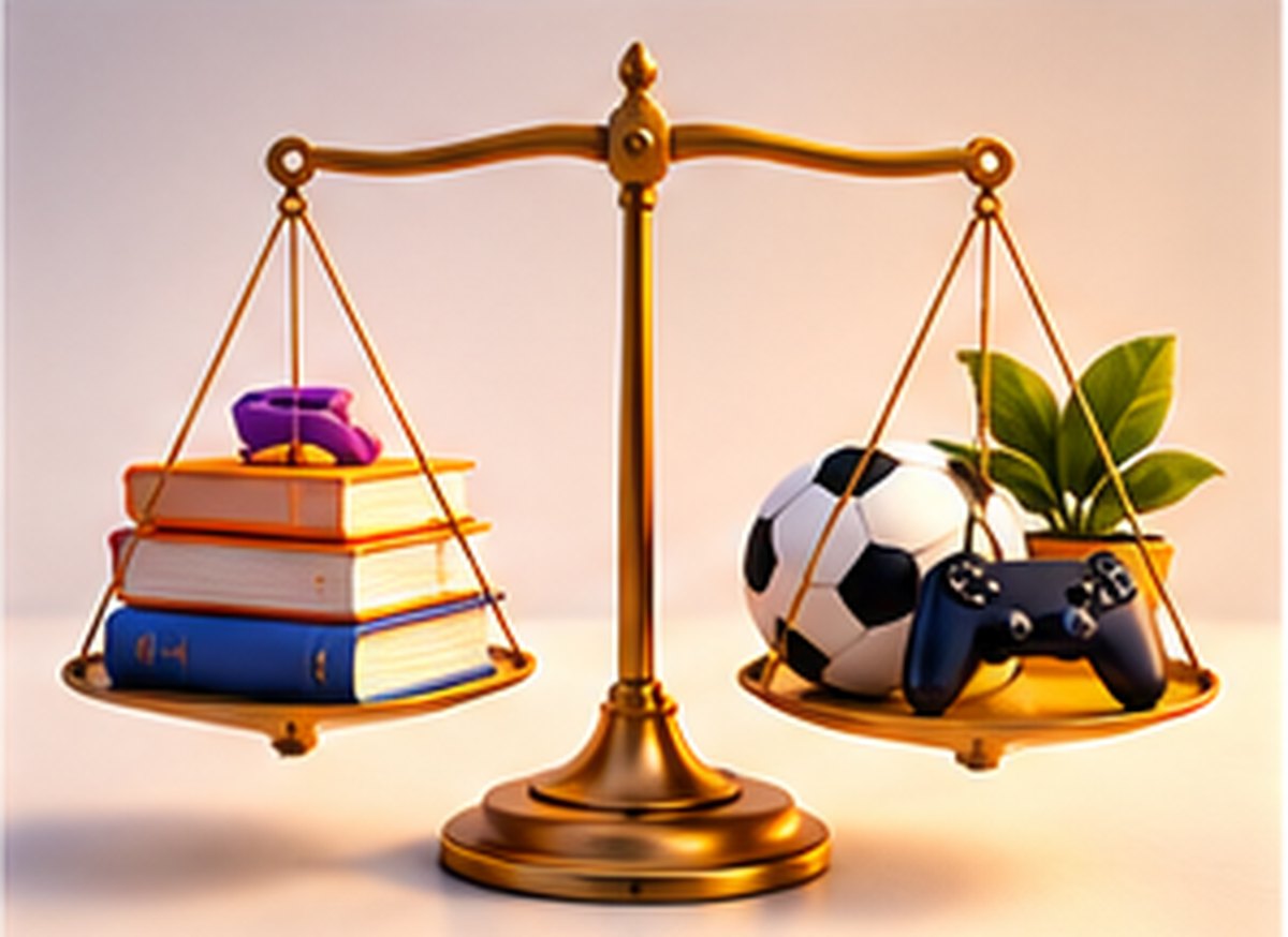 A set of balance scales with school books on one side and a football and games controller on the other