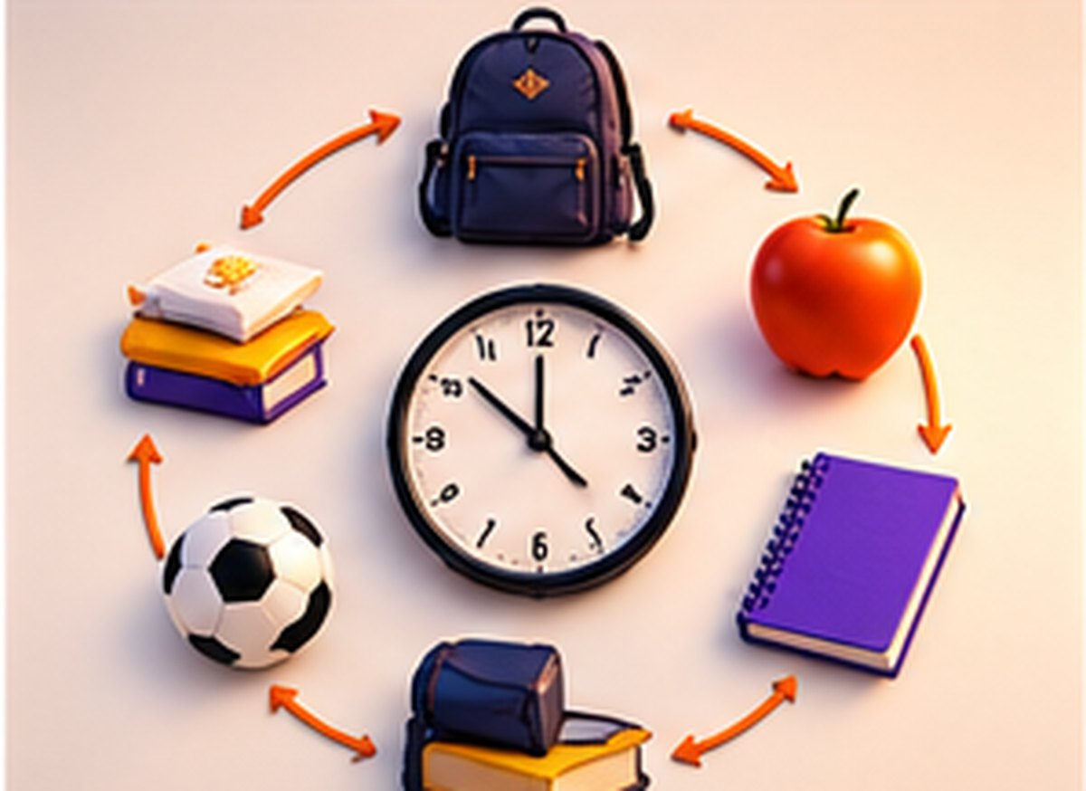 A circle of arrows linking a backpack, an apple, a football, books and a notebook