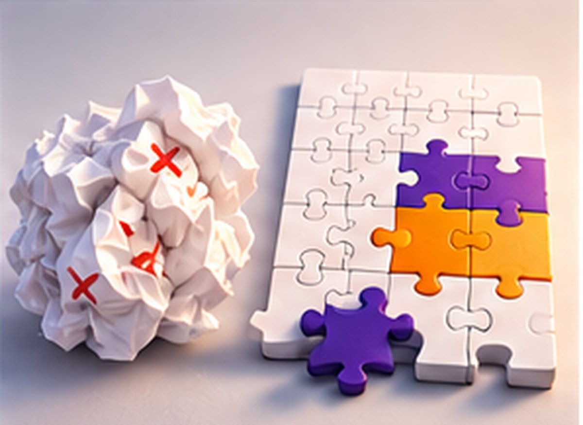 A crumpled ball of paper beside a jigsaw being completed