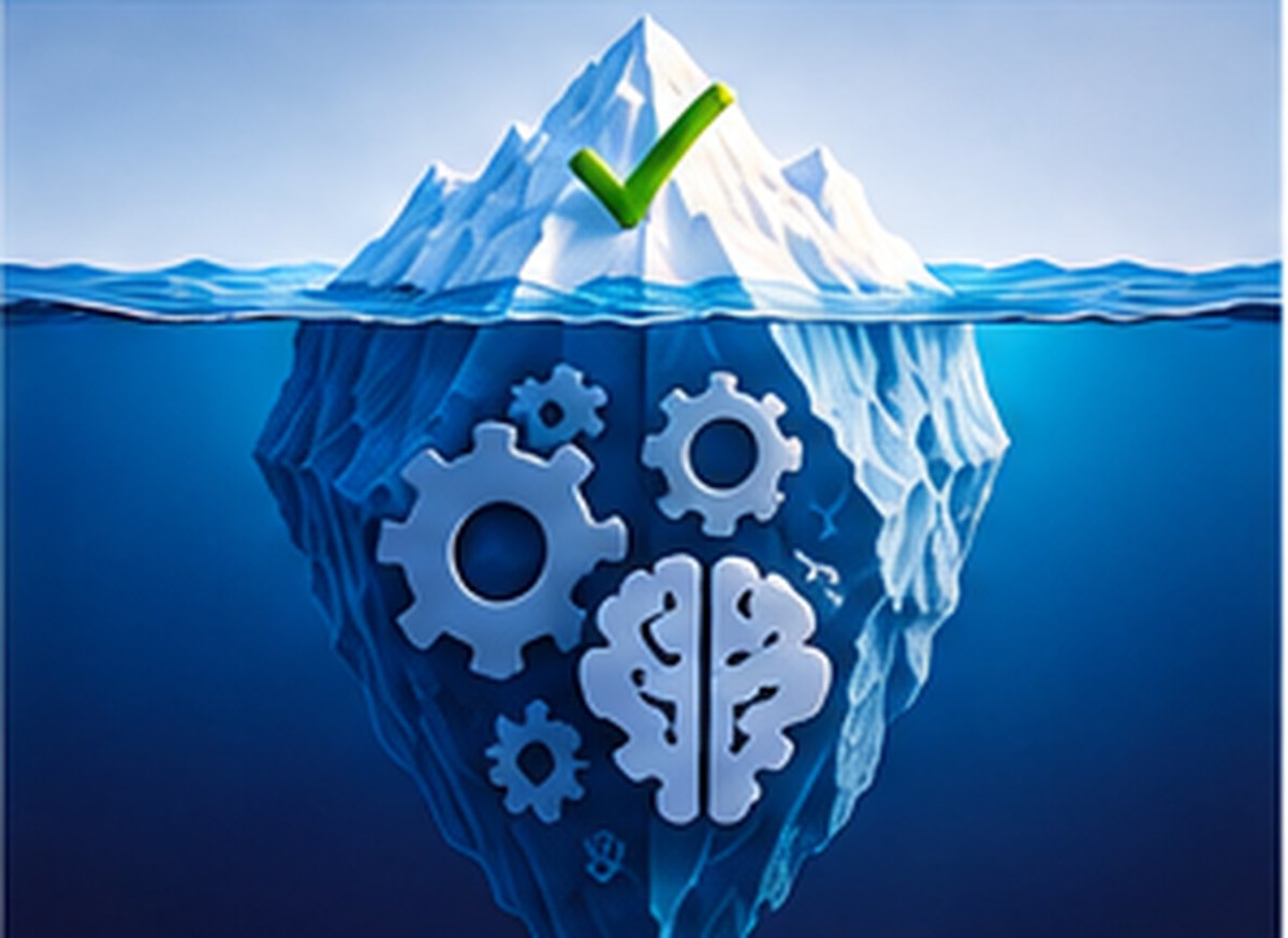 An iceberg with a tick above the waterline and turning gears hidden below