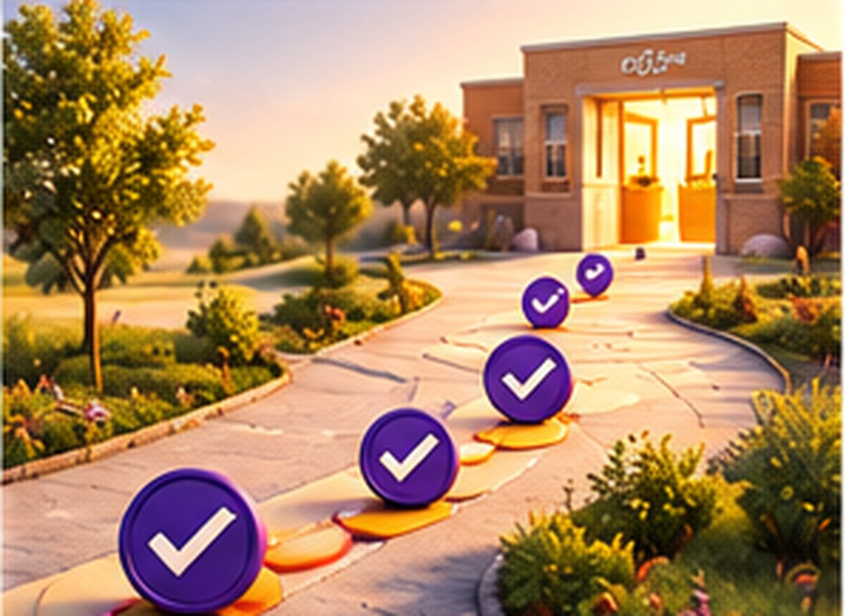 A path marked with tick points leading up to a school building
