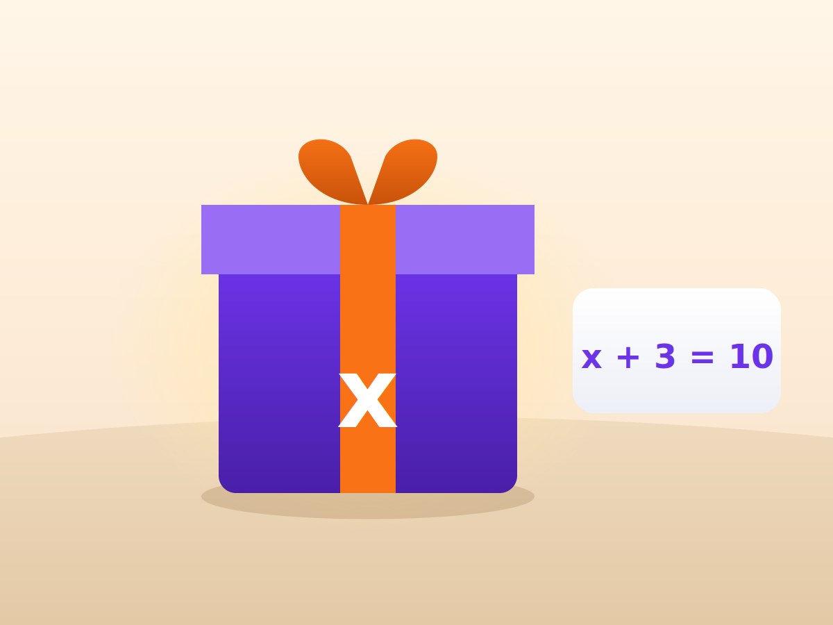 A wrapped mystery box marked x, beside a card reading x plus three equals ten