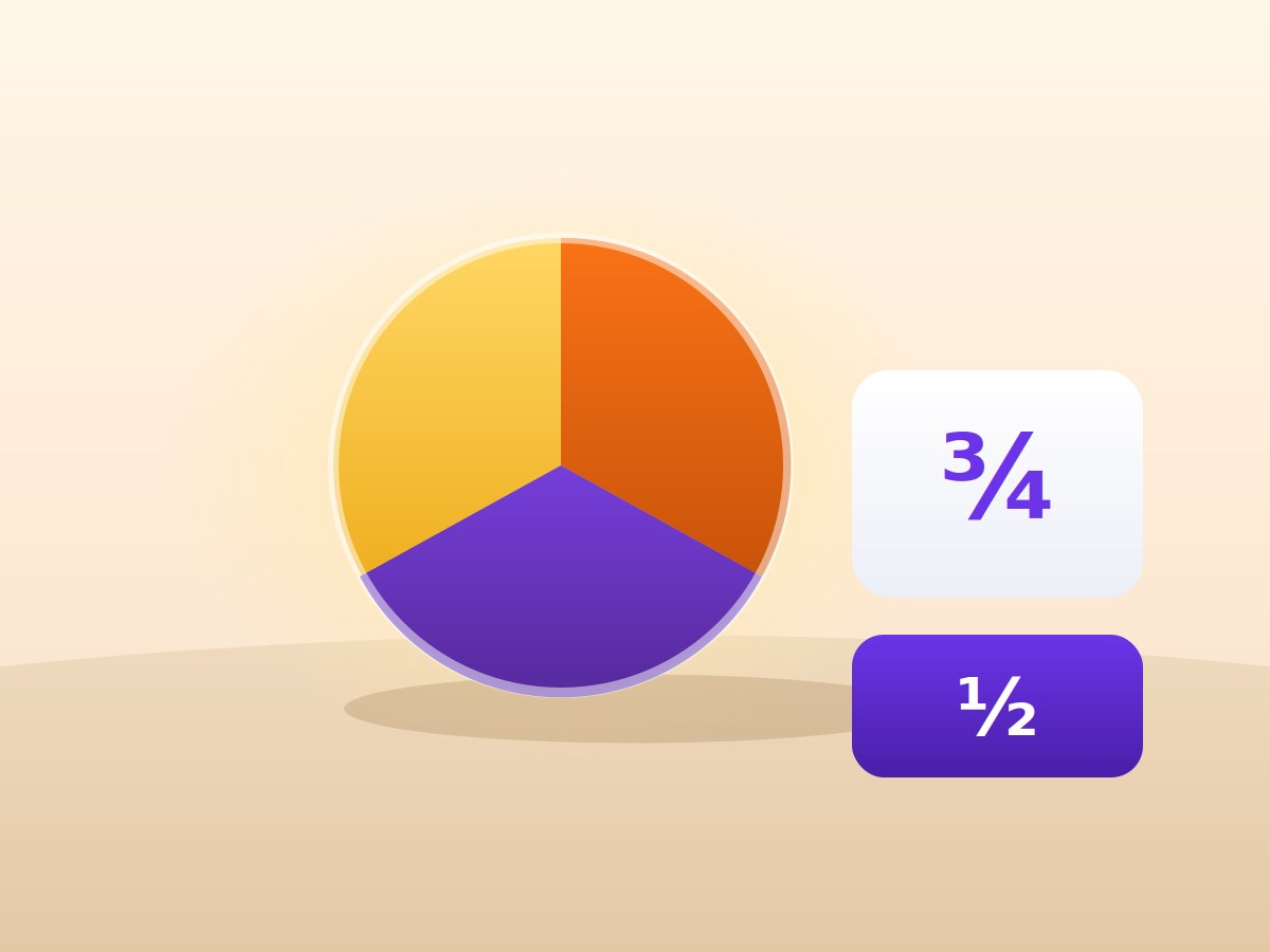 A pie chart divided into fractions beside cards showing three quarters and a half
