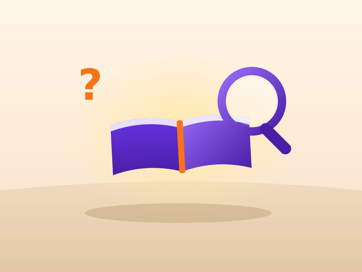An open book with a magnifying glass and a question mark