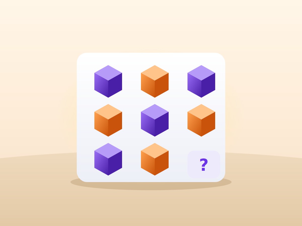 A three by three grid of coloured cubes with the final square missing