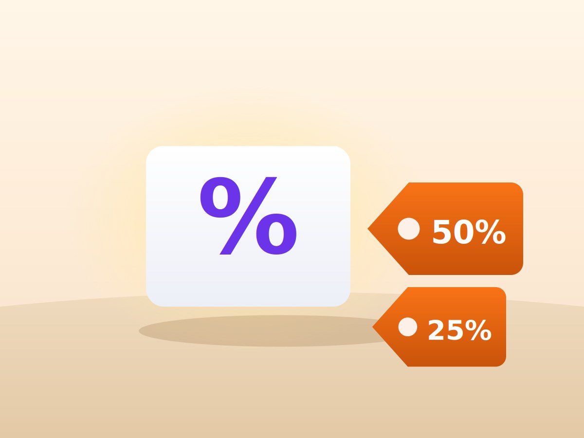 A large percent symbol beside price tags marked 50% and 25%