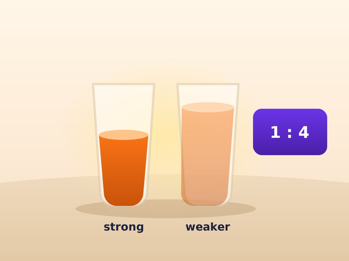 Two glasses of squash at different strengths, beside a card reading one to four
