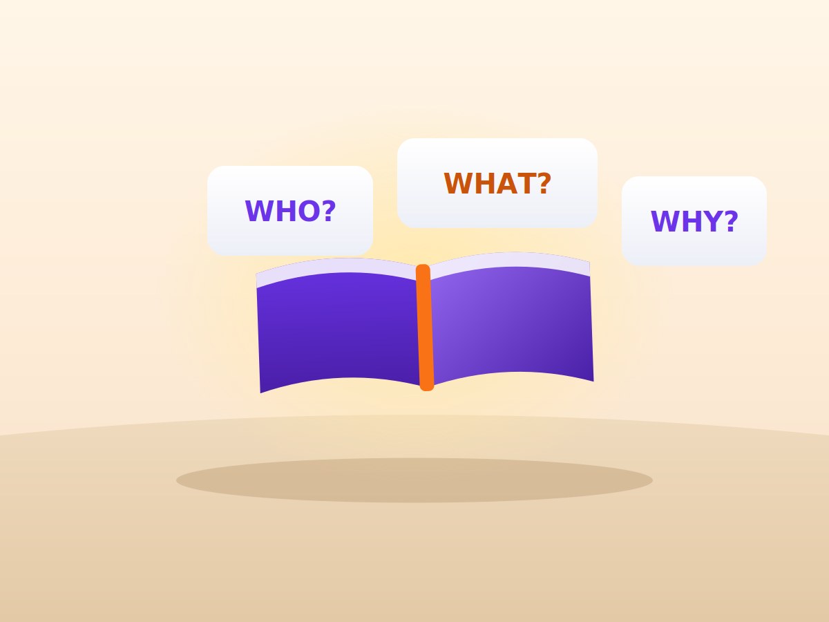 An open book with cards above it reading WHO, WHAT and WHY