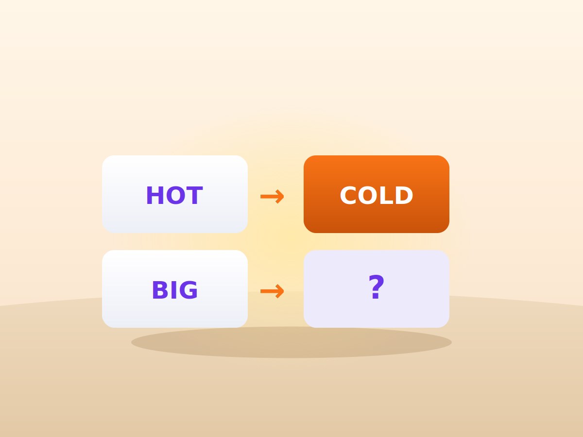 Word cards showing HOT leading to COLD, and BIG leading to a question mark