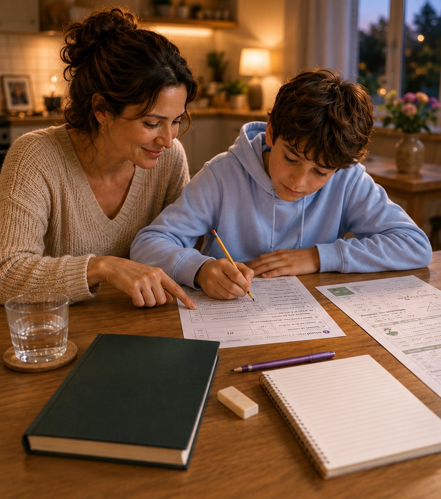 A parent and child working through a MindBlaze lesson and printable cheat sheet together at the kitchen table