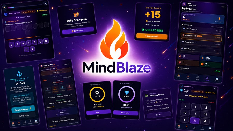 The MindBlaze app — brain-training missions, streaks and progress tracking